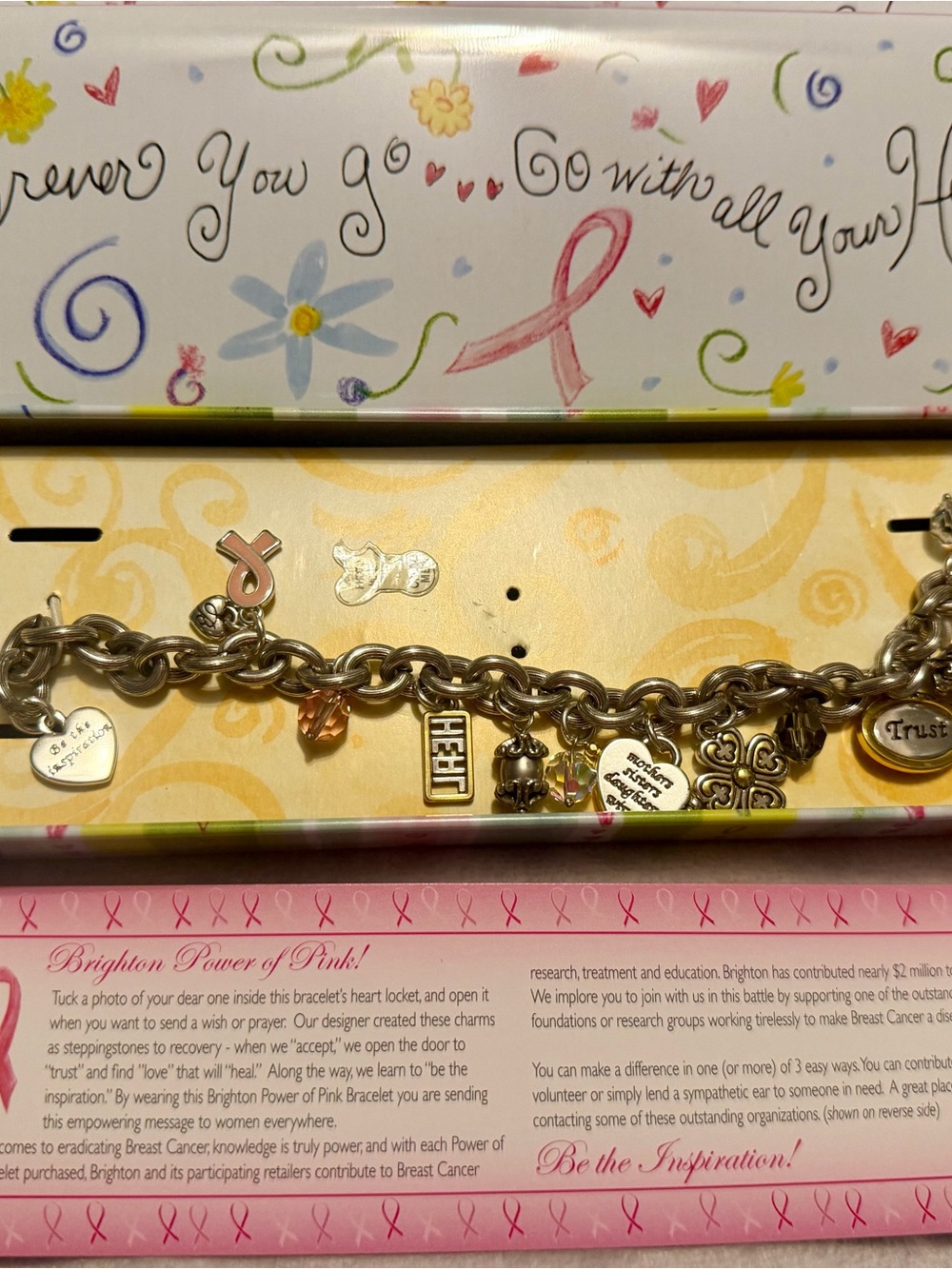 Brighton Silver Charm Bracelet with Pink Ribbon Accent